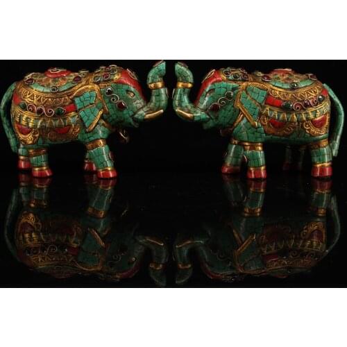 8"Nepal temple collection Old Bronze outline in gold Painted mosaic Gem Elephant statue A pair Taiping Elephant Town House