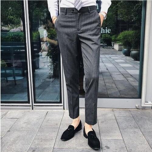 Fashion Stylish Men Plaid Stripe Casual Suit Pants Classic Business Party Trousers Pantalon Costume Homme Formal Men Pants