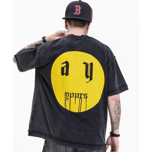 Hip-Hop Mens T-shirt Streetwear Oversized Letter Smiley Print Tshirt Harajuku Vintage Cotton Top 2021 Round Neck Short sleeve