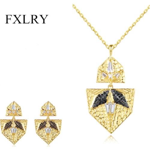 FXLRY High Quality Crystal Wavy Surface Ingenious Earrings Pendant Chain Necklaces for Women Jewelry Sets