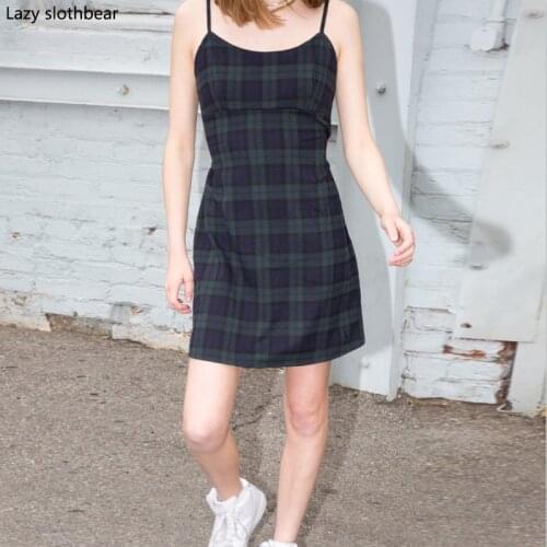 Hot sale ladies summer plaid print suspender dress sexy strap dress holiday dress