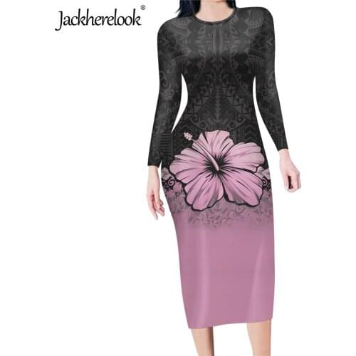 Jackherelook Women Long Sleeved Bodycon Pencil Dress Polynesian Hibiscus Plumeria Samoan Print Fashion Midi O-Neck Party Dresses