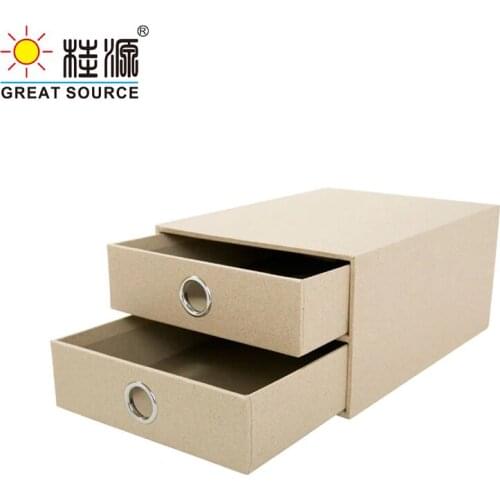 2 Layers Storage Cardboard Cabinet Office Desk Top Orgainzer Home Storage 2 Drawers Cabinet Beige Linen Faux Natrual Paper(2PCS)