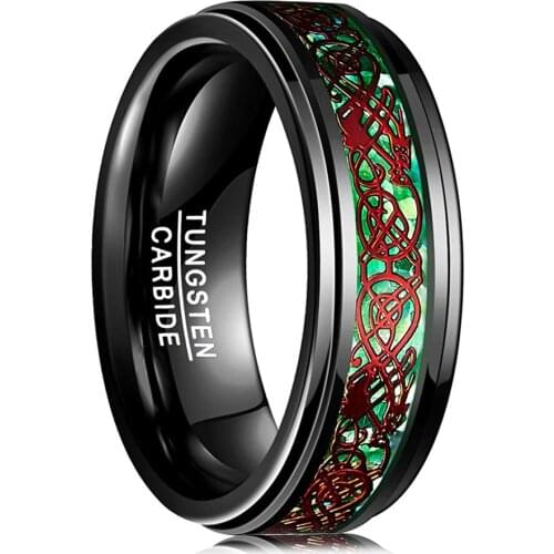 Fashion 8Mm Mens Black Tungsten Carbide Ring Red Celtic Dragon Green Carbon Fibre Ring Men Wedding Band Jewelry