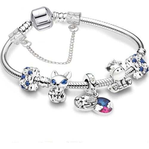 Colorful Unicorn&Fox DIY Charm Bracelet Ladies,Silver-plated Snake Bone Chain Small Animal,Brand Women Childrens Bracelet Gifts