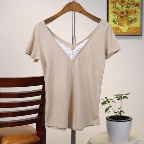 Lace Patchwork T Shirt Woman Short Sleeve V Neck Backless Button Retro Elegant Tee Chic 2021 Sexy Vintage Casual Femme Tops