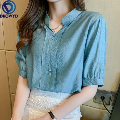 Summer New Short-sleeved Womens Blouse Comfortable Fashion Blue Tops Casual Shirt V-neck 2021 White Lace Splicing Shirt DROWYD