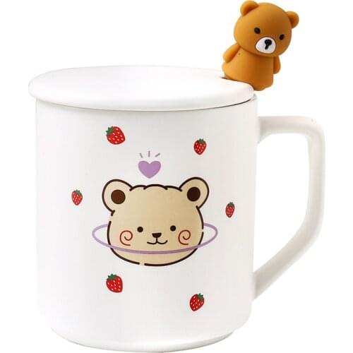 Cute bear ceramic mug with lid spoon office tea coffee mug personality creative cartoon mug