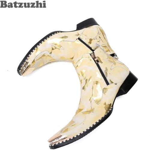 Batzuzhi Mens Leather Ankle Boots Gold Luxury Handmade Men Boots Pointed Iron Toe Rock Party and Wedding Footwear botas hombre
