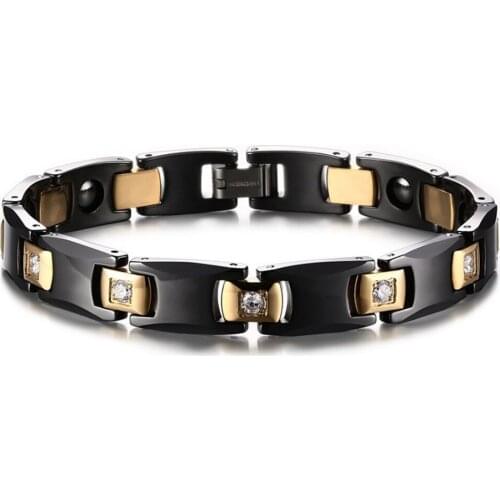 Top Quality Charm Jewelry Black Ceramic Hematite Stainless Steel Gold Chain Magnetic Stone Wristband Mens Bracelet Bangle 8.26"