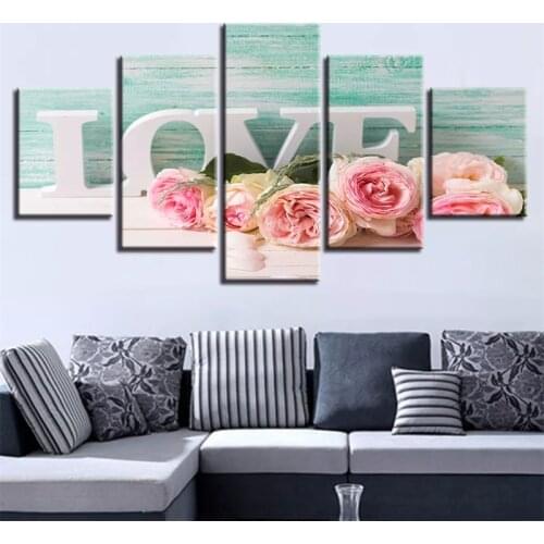 Wall Art Canvas Paintings 5 Pieces Letters Love And Pink Roses Painting Romantic Modular Decor For Living Room Decoration