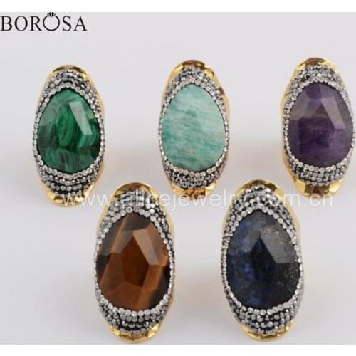 BOROSA NEW 5PCS Amazon Amethysts Paved Crystal Band Rings Lapis Lazuli Malachite Tiger eye Gold Band Ring Jewelry JAB956-1