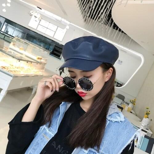 H7501 Autumn Winter Beret Cap Male Female PU Leather Korean Student Berets Hat Newsboy Casual Fashion Navy Solid Color Caps