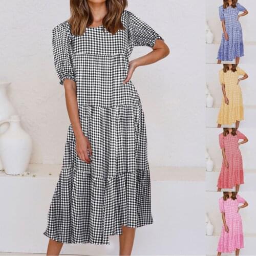 Sexy Bubble Sleeve Plaid womens dress stitching loose dress skirt girl fairy summer платье летнее женское2021 SAGACE