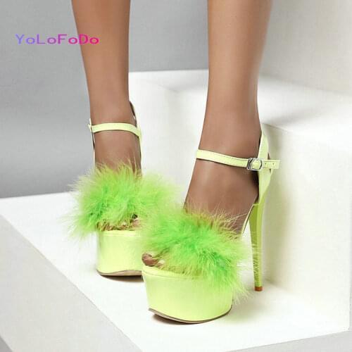 Platform Super Thin High Heel Women Sandals PU Leather Sexy Party Women High Heel Shoes Candy Color Faux Fur Womans Shoes 2021