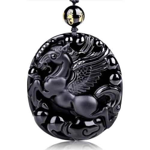 Drop Shipping Natural Frosted Obsidian Flying Horse Pendant 12 Zodiac Jade Pendant Mascot Necklace Pendant