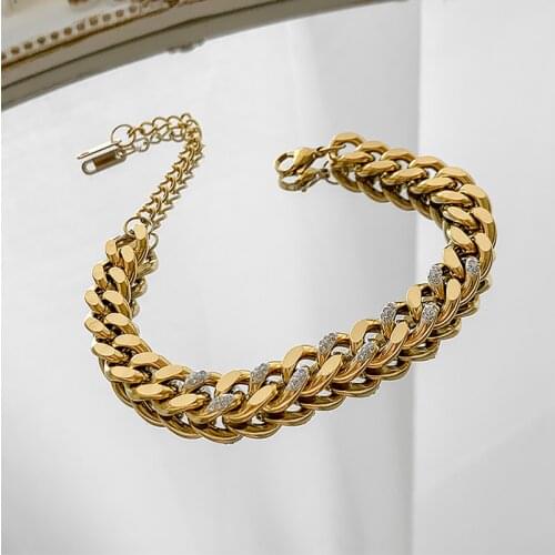 Luxury Famous Brand Jewelry Gold Stainless Steel Crystal Chunky Bracelets & Bangles Female Charm Bracelet For Women