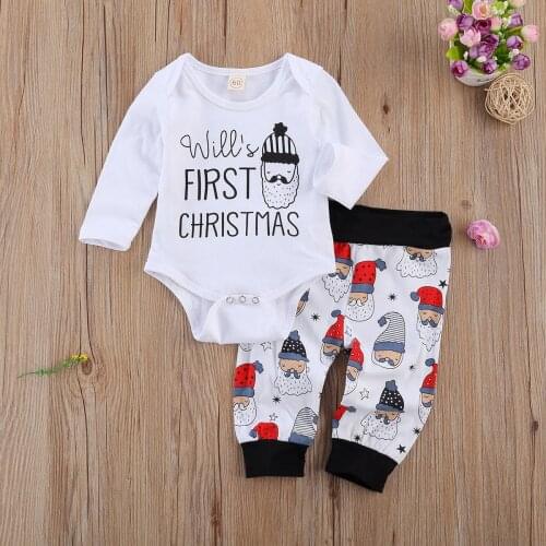 Newborn Baby Christmas 2-piece Outfit Set Long Sleeve Letter Print Romper+Pants Set for Baby Boys Girls