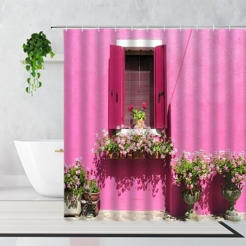 Pink Window Garden Flowers Shower Curtains Beautiful Town Street View Pastoral Decor Bathroom Waterproof Bath Curtain With Hooks