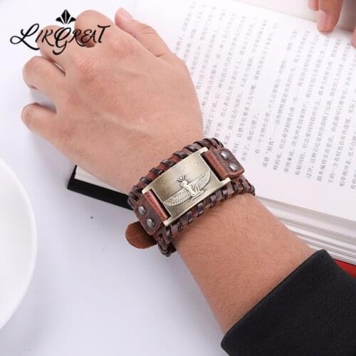 LIKGREAT Viking Punk Egypt Goddess Maat Pirate Wide Leather Bracelet for Men Women Vintage Mens Adjustable Wristband Wholesale