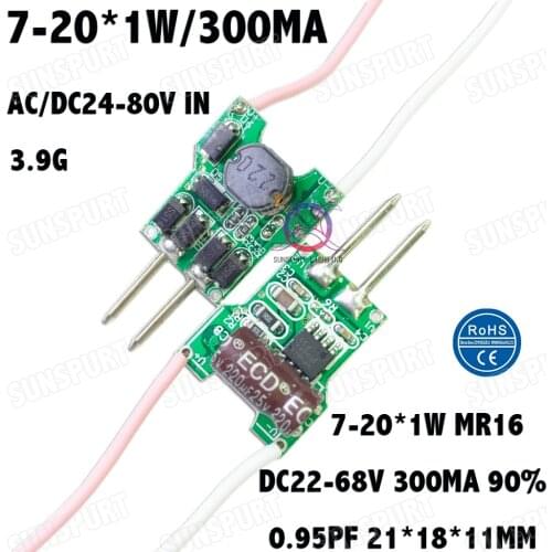 20 Pieces 20W AC/DC 24V-DC 80V LED Driver 7-20x1W 300mA DC22-68V LEDPower Supply Constant Current MR16 bulb lamp Free Shipping