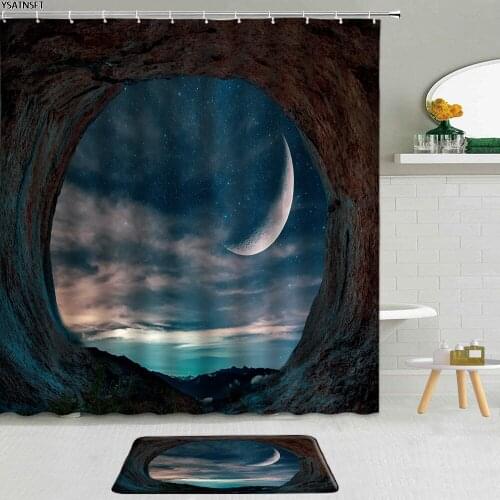 2Pcs Galaxy Starry Sky Shower Curtain 3D Round Shape Cave Aurora Landscape Fabric Non-Slip Bath Mat Bathroom Curtains Set Decor