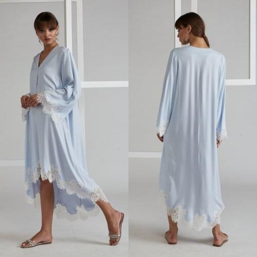 Sky Blue Women Sleepwear Lace Edge Bathrobe Hi-Lo Dressing Gown Babydoll Tulle Lingerie Bath Robe Simple Custom Made