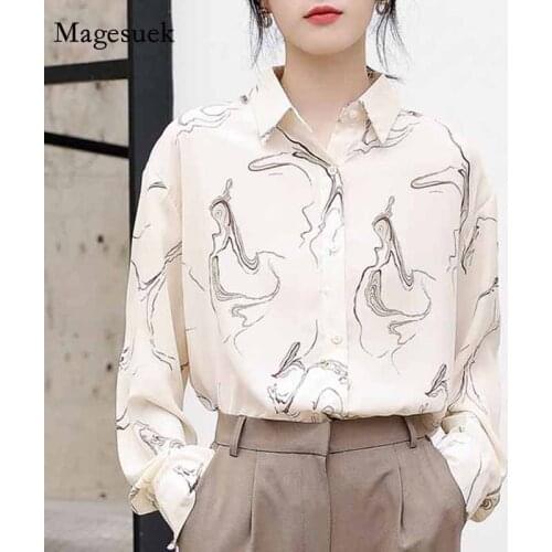 New Loose Autumn Chiffon Blouse Puff Sleeve Women Single Breasted Shirts Casual Printed Long Sleeve Women Tops and Shirts 11459
