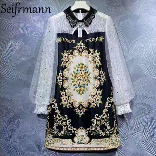 Seifrmann New 2021 Summer Women Fashion Designer Party Mini Dress Lantern Sleeve Gorgeous Crystal Beading Floral Printed Dresses