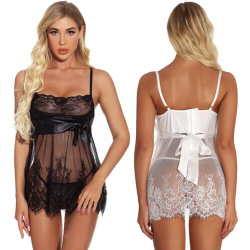 Sexy Black White Satin Lace Up Babydoll Chemise Lingerie Plus Size S-6XL