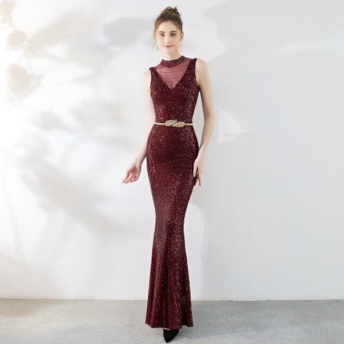 Luxurious Mermaid O Neck Long Burgundy Prom Formal Sequined Dress with Belt Open Back Sleeveless Evening Dresses for Women Party