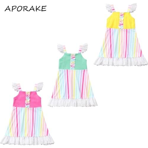 2021 0-5Y Sweet Kids Baby Girls Dress Summer New Sleeveless Ruffle Rainbow Striped Fly Sleeve A-line Dress Sundress