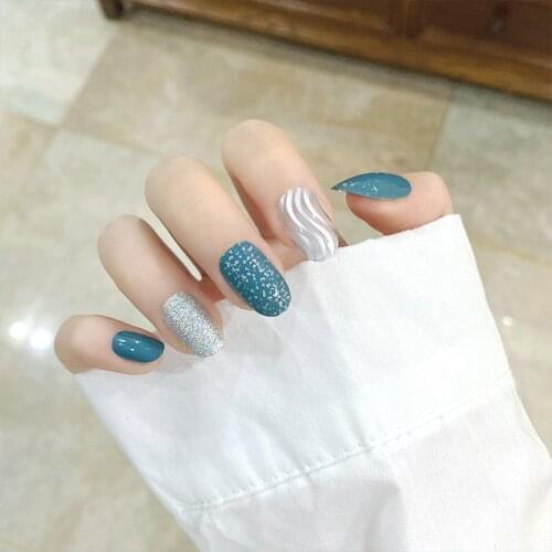 24pcs Fake Nails With Glue Blue Gray Gold Foil Water Ripple Wear Nail Stickers Finished Nail Stickers Press On Nails Designs DL
