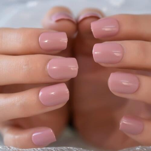 24pcs Pink Fake Nails Solid Color Short UV Fingernail Square Full Cover Press on False faux Nails Accessories for Girl Women
