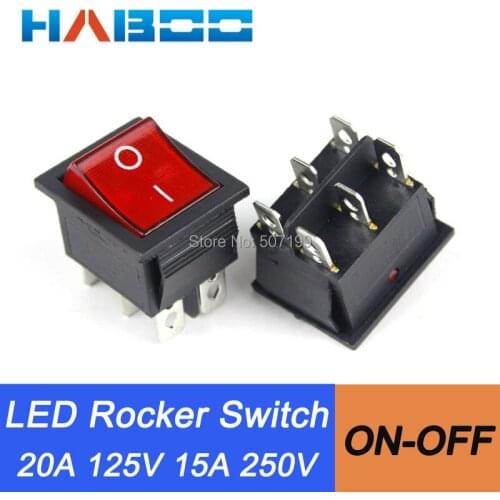 50pcs/lot 6pins 2positions illuminated rocker switch KCD2 on-off 250V 2 way rocker switch with led for the household appliances