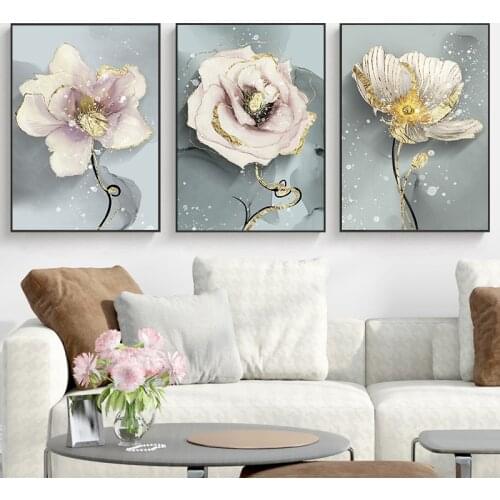 Flower Picture Home Decor Wall Art Canvas Painting Nordic Marble Golden Abstract Art Posters and Prints for Living Room Design