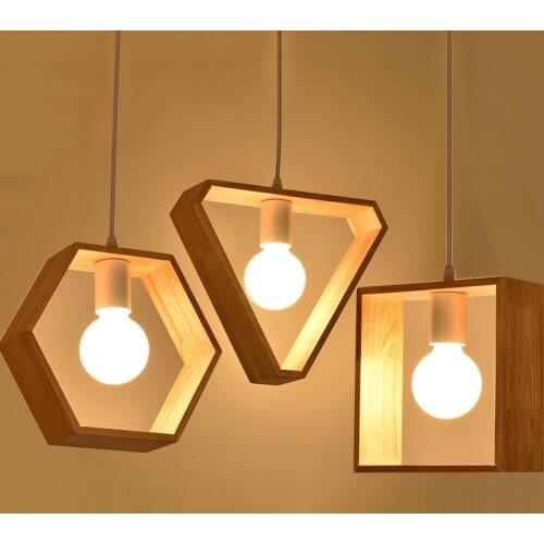 E27 Nordic Wood Geometric Hanging Lights Indoor Restuarant Dining Room Kitchen Cafe Bar Pendant Lamp