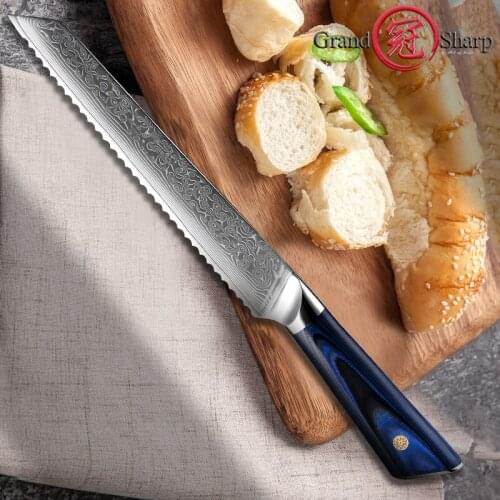 8 Inch Bread Knife Serrated Bread Knives Damascus Steel Slicing Knife Loaf Toast Damper Baking Knives Kitchen Tools Grandsharp