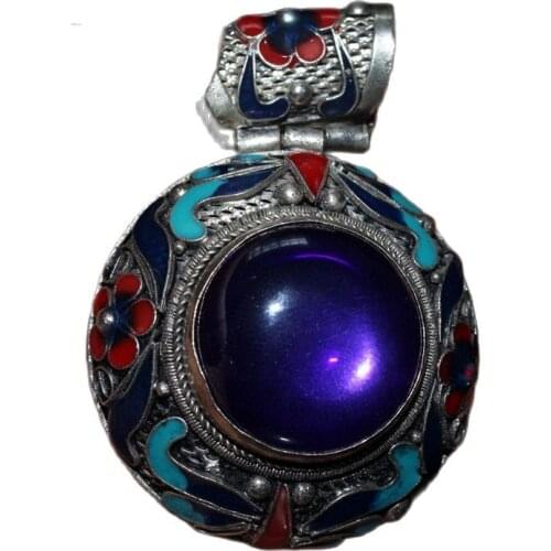Chinese Old Craft Made Old Tibetan Silver Cloisonne Inlaid Zircon Pendant