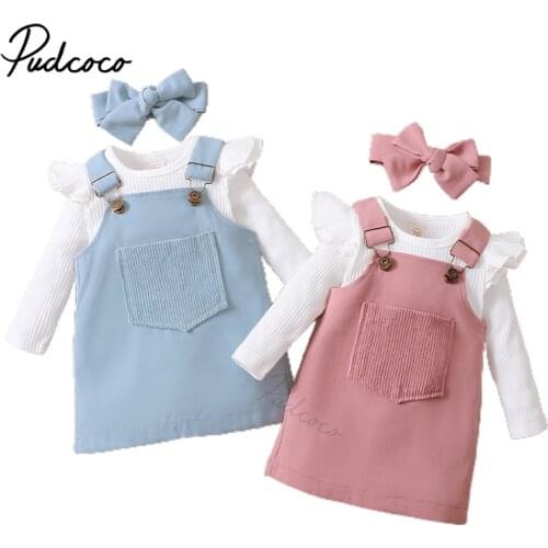 3Pcs Baby Girls Outfit, Sweet Style Solid Color Long Sleeve Round Collar Romper + Front Pocket Suspender Skirt + Headwear Set
