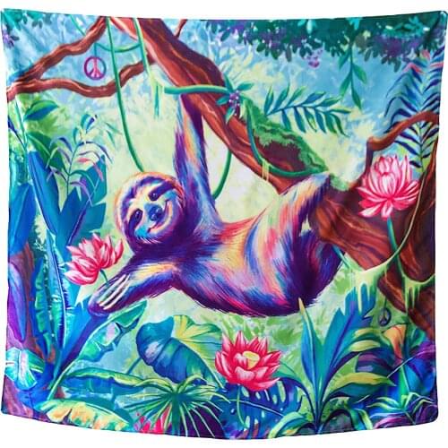 Colorful Animal Wall Art Tapestry Sloth A Detailed Sloth in a Forest Setting with Lotus Flowers