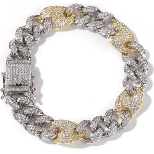 Micro Pave AAA CZ Stone Round Cuban Coffee Beans Chain Bracelets For Men Hip Hop Bling Iced Out CZ Rapper Jewelry Gold Color