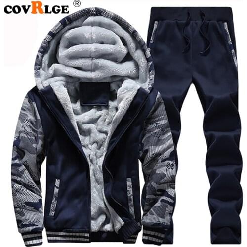 Covrlge 2019 Brand Tracksuit Men Thermal Men Sportswear Sets Fleece Thick Hoodie+Pants Sporting Suit Casual Sweatshirts MSX008