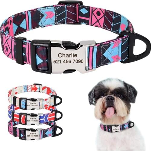 Nylon Customized Dog Collar Fashion Printed Dog Lead Leash Personalized Pet ID Tag Collars Free Engraving For Small Medium Dogs