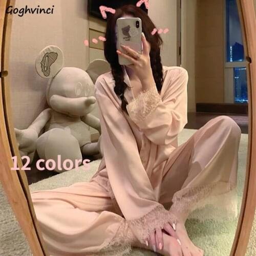 Pajama Sets Women Spring Lace Patchwork Simple Soft Sleepwear Elegant Retro Loose Casual Design Fashion Femme Popular 12 Colors