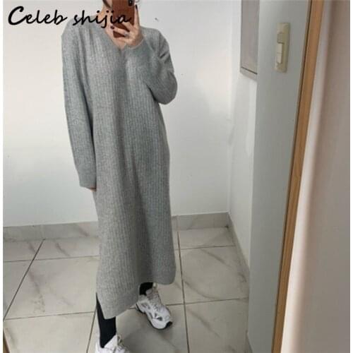 Chic Sweaters Maxi Dress Woman Fall New V Neck Elegant Gray Knitted Bodycon Dress Female Loose Long Sweater Winter Clothing