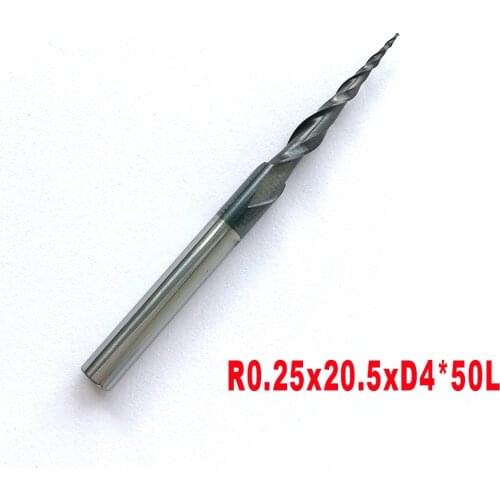 1pc R0.25*D4*20.5*50L*2F HRC55 Tungsten solid carbide Tapered Ball Nose End Mills cone milling cutter wood knife tools