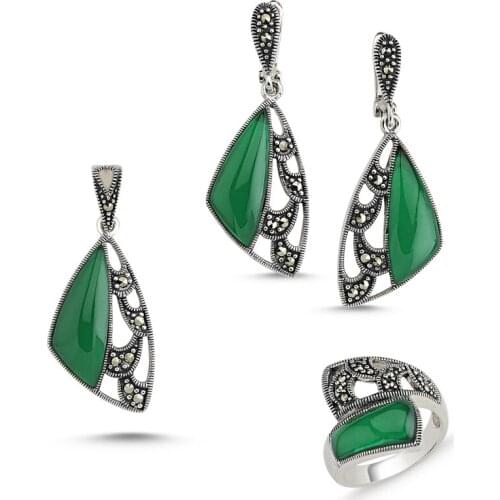 Silver 925 Sterling Marcasite Pendant Earring & Ring Set