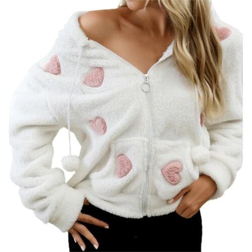 Autumn Winter Warm Coat Women Fashion Love Heart Pattern Long Sleeve Hooded Plush Pullover Hoodie Blouse Female Clothing