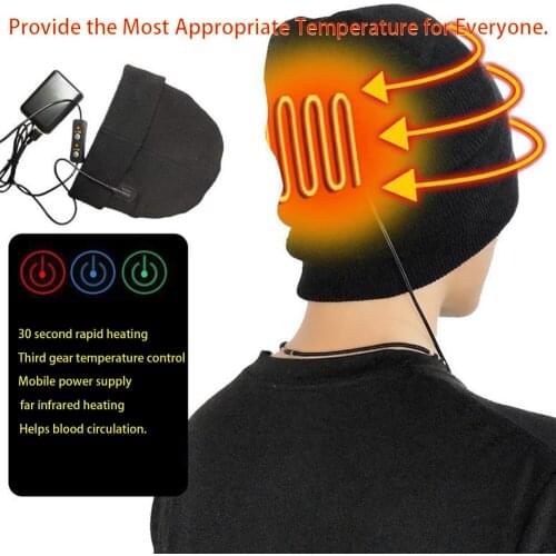 Men Women Rechargeable Warm Washable Electric Heated Hat Outdoor Sports Cap Solid Battery Knit Cycling Fishing Elastic Winter